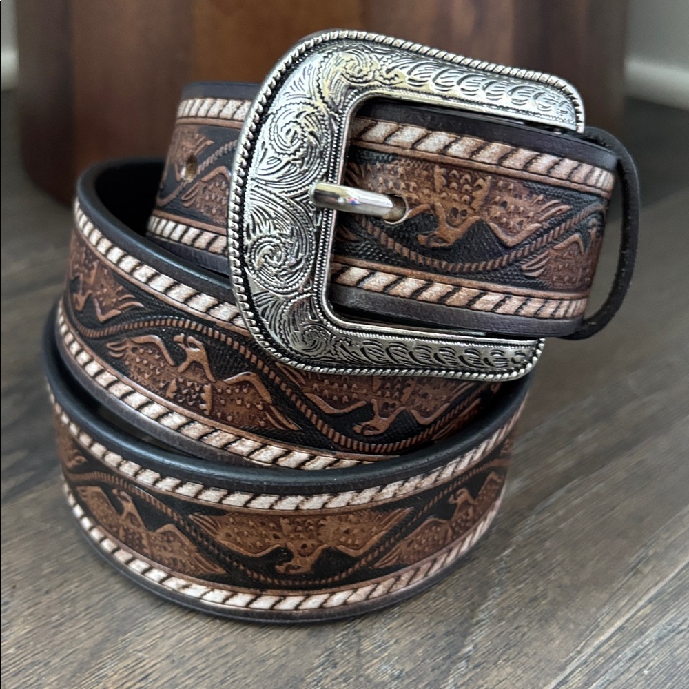 Montauk Genuine Leather Tooled Western Rodeo,filigree buckle,single stitch edge
